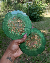 Load image into Gallery viewer, Large Coasters Green and Gold Leaf Coasters (set of 2)
